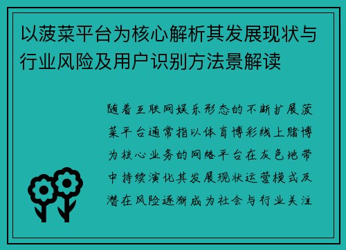 以菠菜平台为核心解析其发展现状与行业风险及用户识别方法景解读